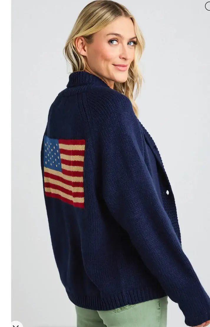 Varsity Chunky Flag Cardigan-Navy